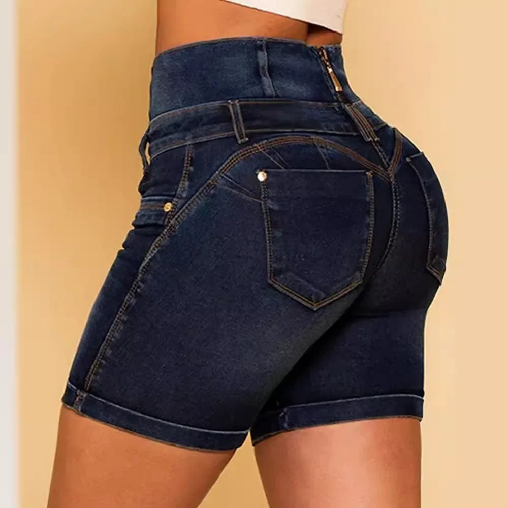 Women Denim Shorts Pants Fashion High Waist Hip Lift Zipper Stitching Tight Denim Shorts Sexy Pockets