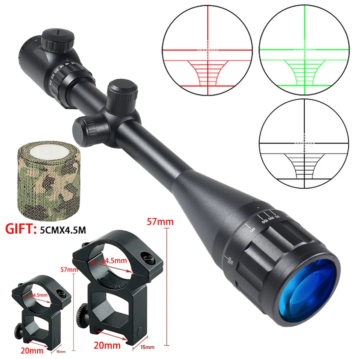 Tactical 6-24x50 AOEG Optical Sight Long Range Rifle Scope with Red Green Dot Laser Combo Riflescope Hunting Airsoft Scopes