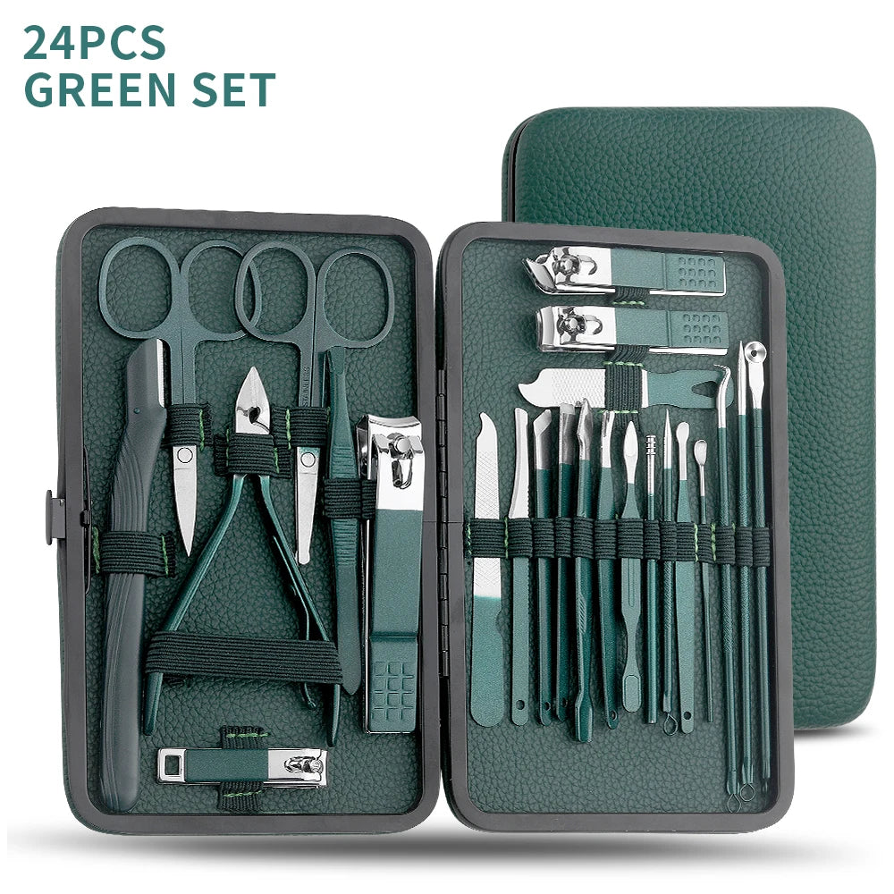 Green 7/13/24 pcs Stainless Steel Nail Cutter and Pedicure Scissors Set - Portable Manicure and Pedicure Tool Nail Clipper Set