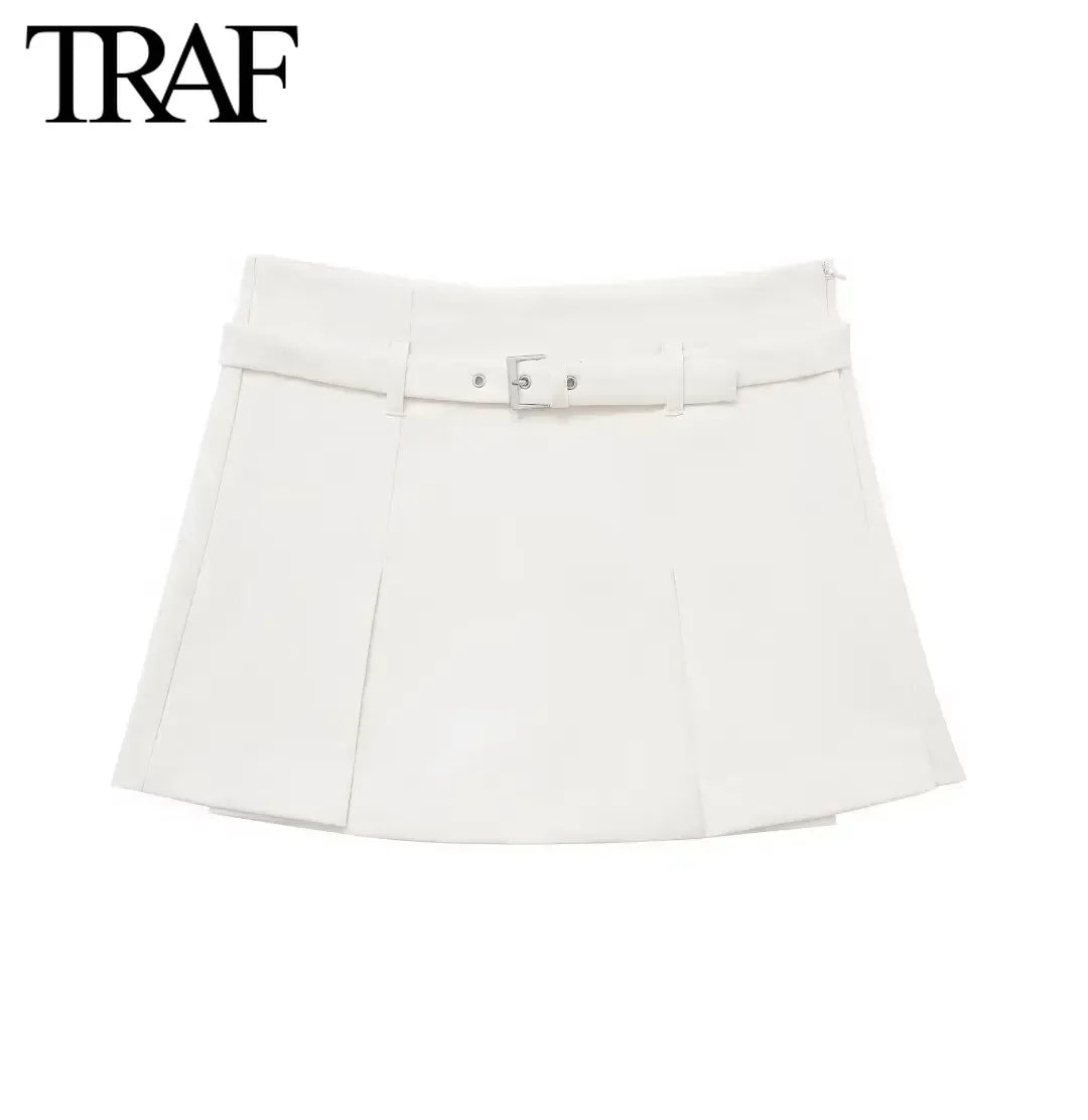 TRAF Women Fashion Summer New White Solid Color Casual Belt Side Zip Mini Culotte High Waisted A Line Wide-leg Shorts Skirt Pant