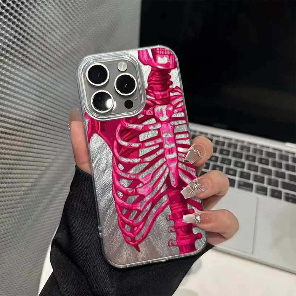 Luxury Pink Purple Skull Phone Case for iPhone 16 15 14 13 12 11 Pro Max X Xs XR XSMax 8 7 6 6s Plus Feather Texture Back Cover