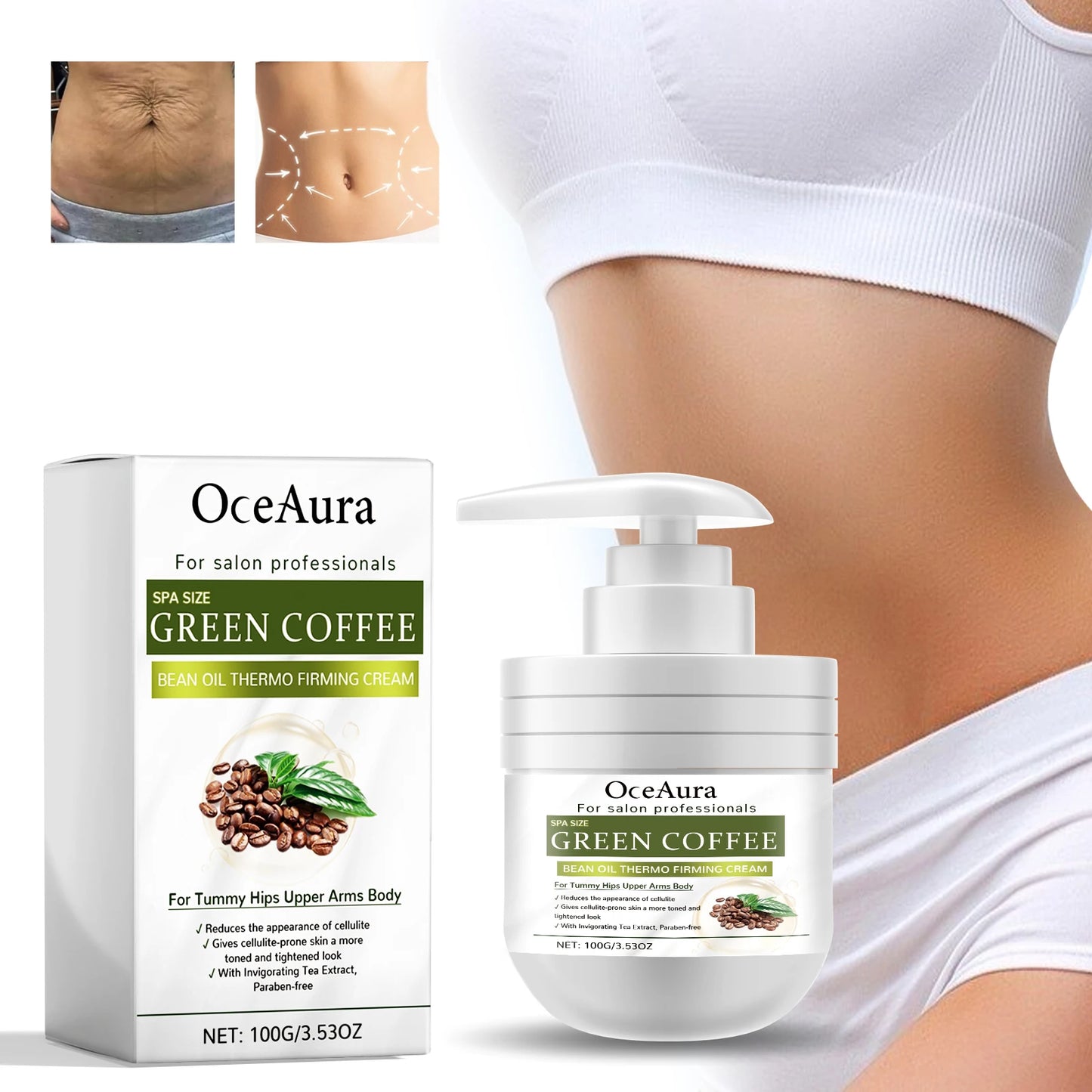 OceAura Green Coffee Bean Firming Body Cream Moisten the Skin Cream Caffeine Body Lotion Moisturizer To Firm Tighten Skin