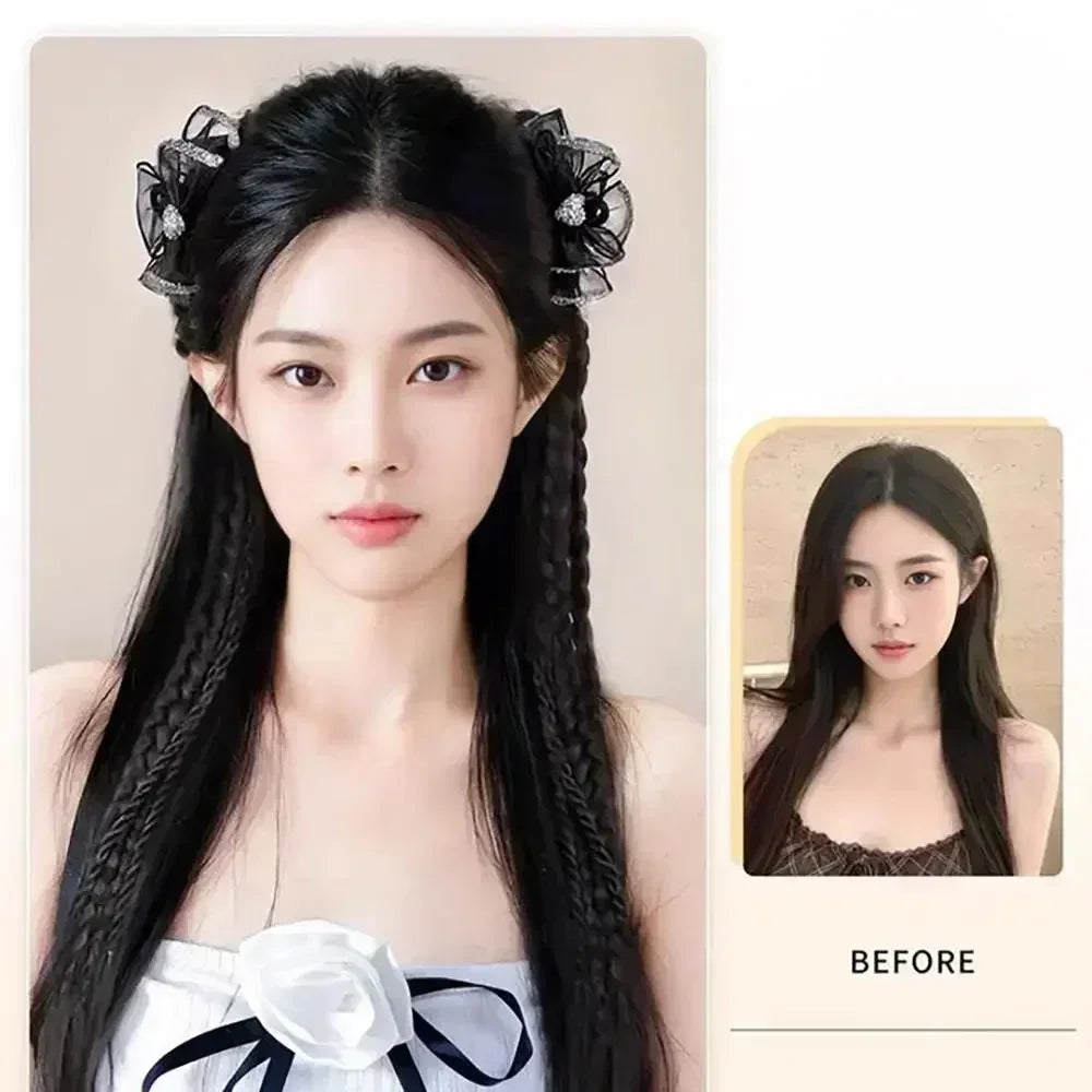 Y2K Girls Bowknot Twisted Braided Synthetic Wig Simulation Double Ponytail Women Extensions