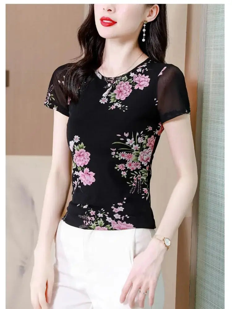 Ladies Spring Summer Clothing Floral Graphic O-Neck Pullovers Short Sleeve Tops Streetwear Women's T-Shirts New