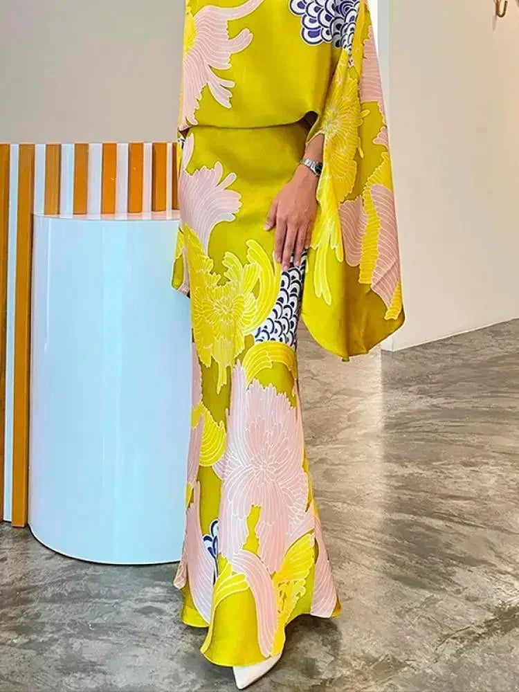 Yeezzi Women Vintage Elegant Flower Printed Batwing Sleeves Blouses & High Waisted  Party Evening A-Line Skirts Sold Separately