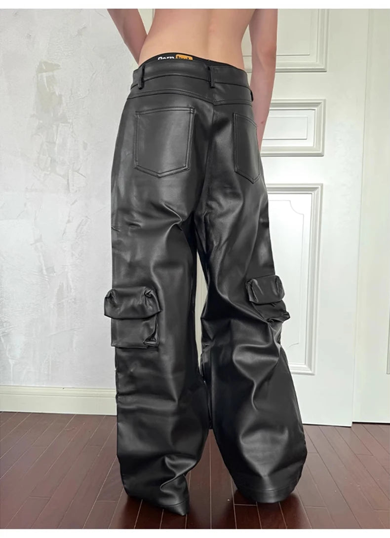 Mauroicardi Autumn Cool Black Pu Leather Straight Cargo Pants for Men Many Three-dimensional Pockets Luxury Designer Clothes