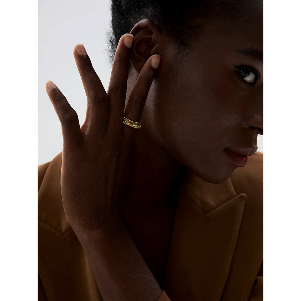 Yhpup Fashion Stainless Steel Round Elastic Open Ring 2023 Minimalist 18K PVD Plated Metal Classic Texture Jewelry Anillo Bijoux