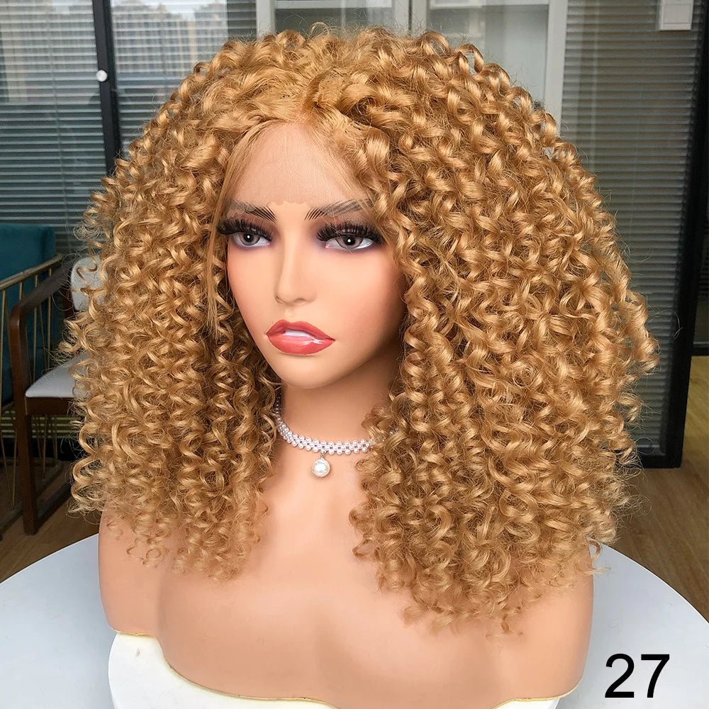 Short Bob Wig Lace Front Wigs for Women Afro Kinky Curly Wigs Ombre Brown Synthetic Middle Nature Hair Black Headgear with Clips