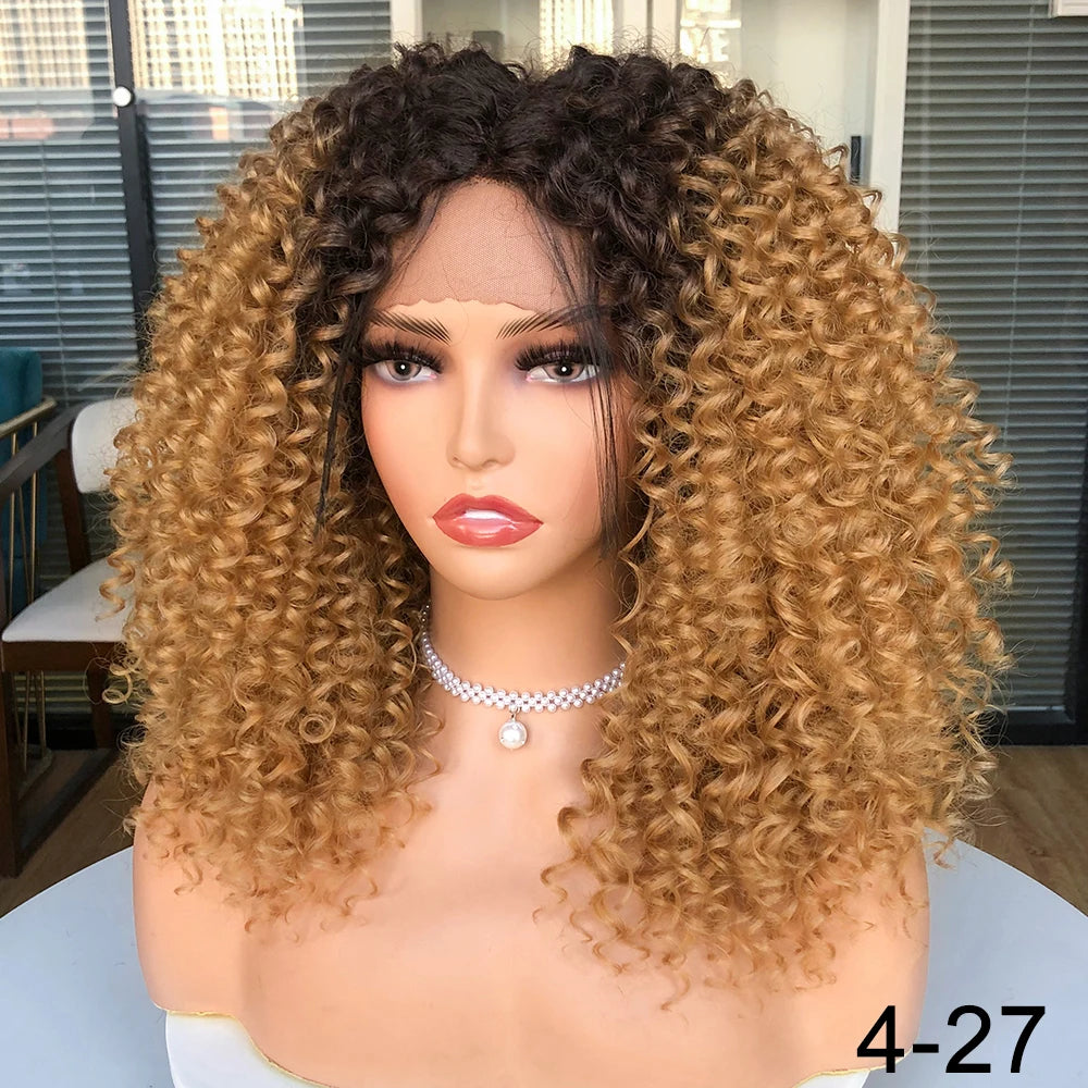 Short Bob Wig Lace Front Wigs for Women Afro Kinky Curly Wigs Ombre Brown Synthetic Middle Nature Hair Black Headgear with Clips