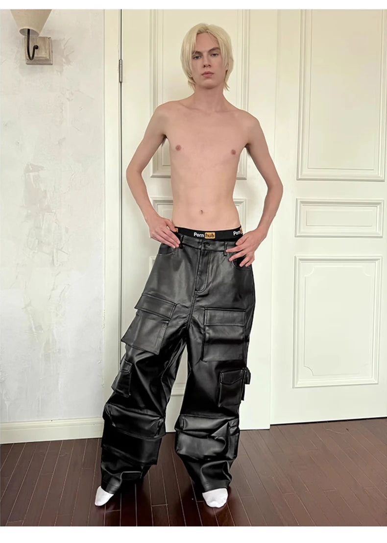 Mauroicardi Autumn Cool Black Pu Leather Straight Cargo Pants for Men Many Three-dimensional Pockets Luxury Designer Clothes