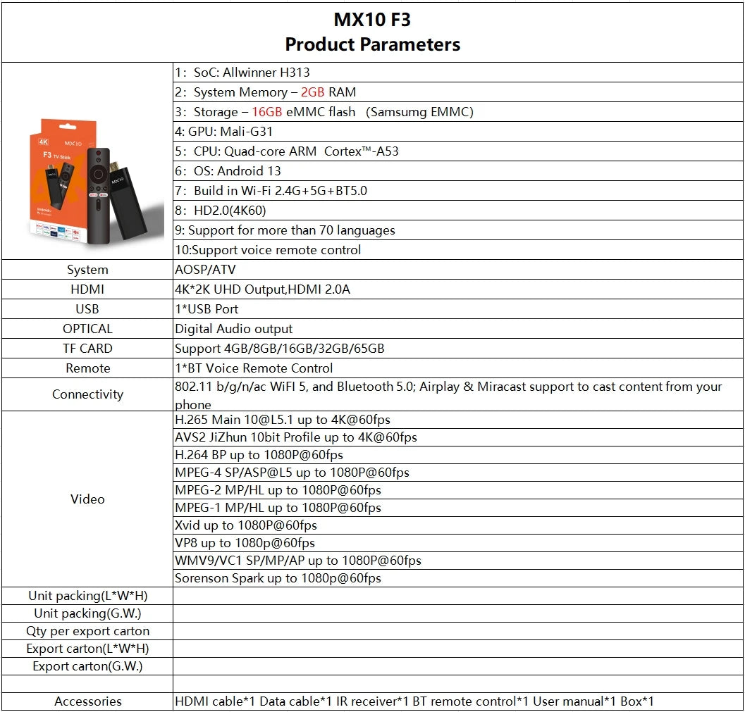 MX10 F3 Android 13 TV Stick HDR Set Top OS 4K 1080P H313 ATV Smart TV Sticks For Google YouTube Smart Media Player