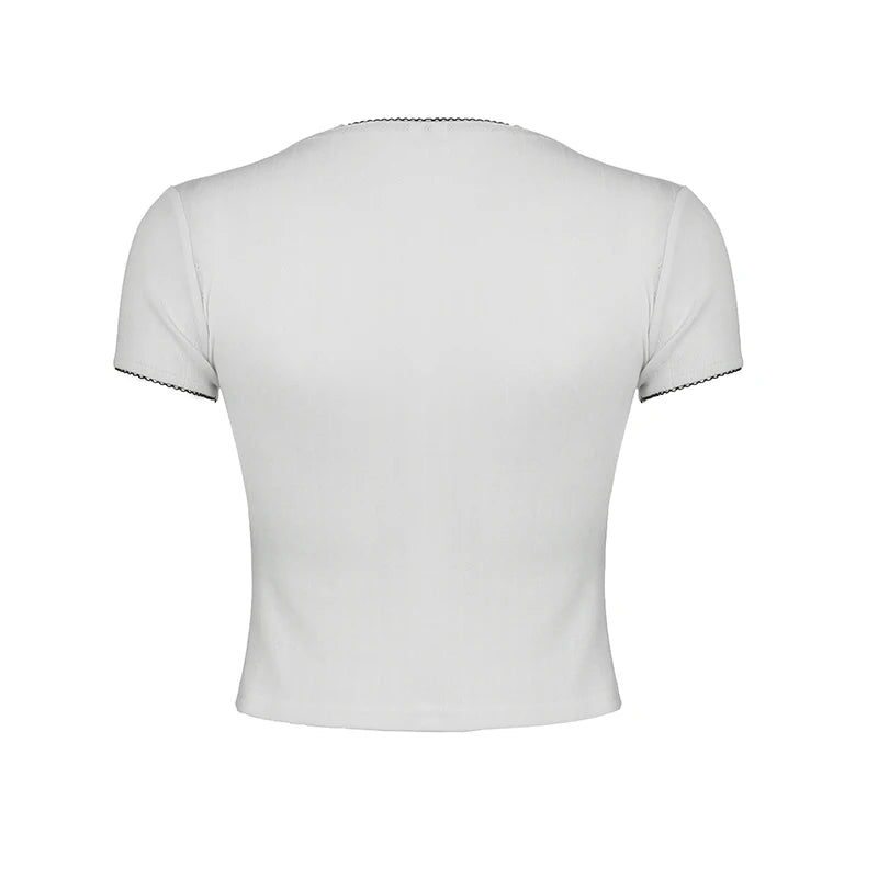 CIBBAR Chic Bow Bandage White Crop Top Women Casual White Short Sleeve Slim-fitting T-shirts Summer Basic Skinny Tees y2k Ladies