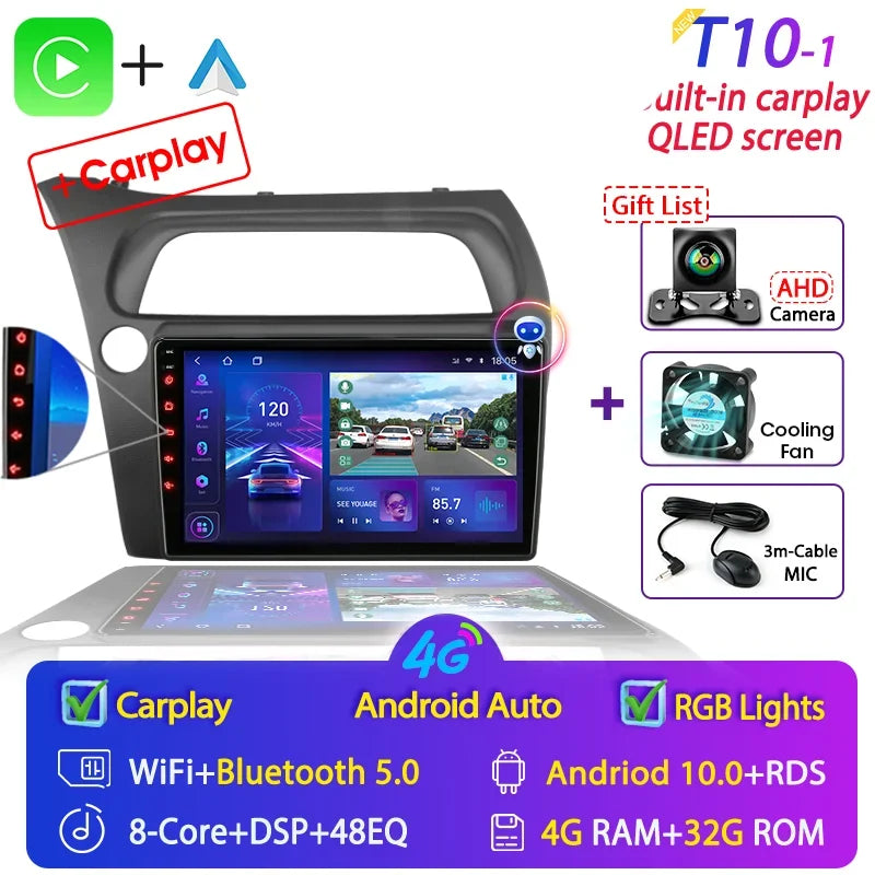 For Honda Civic Hatchback 2006-2011 Android 12 Car Radio Multimedia Video Navigation 2 Din Stereo DVD Head Unit Speaker Carplay