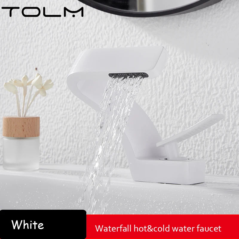 TOLM Chrome White Basin Faucet Deck Mounted Waterfall Bathroom Vessel Sink Mixer Tap Single Handle Hot Cold Water Tap