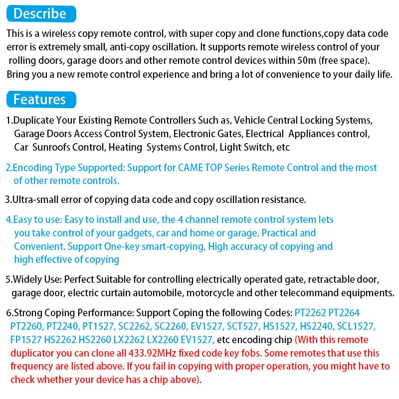 433MHz RF copy and copy remote control clone function transmitter garage door electric key access gate CAME remote control autom