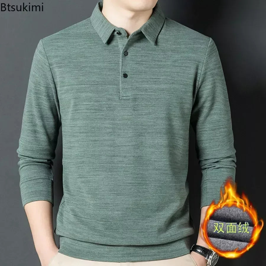 2024 Men's Casual Warm Shirts Tops Solid Autumn Winter Thick Long Sleeve Polo Shirts Male T-Shirt Business Formal Basic Shirts