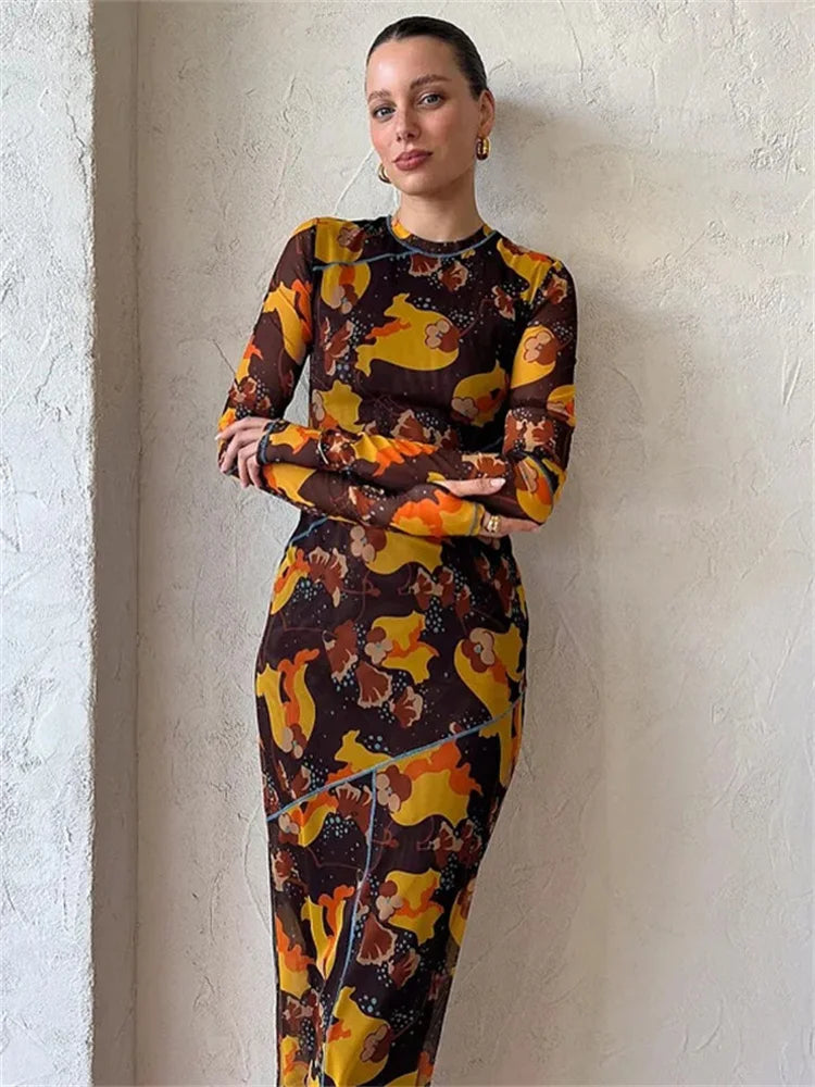 Fantoye Sexy Mesh Printed Transparent Pullover High Waist Women Dress O-Neck Long Sleeve Casual Nightclub Female Dress New 2023