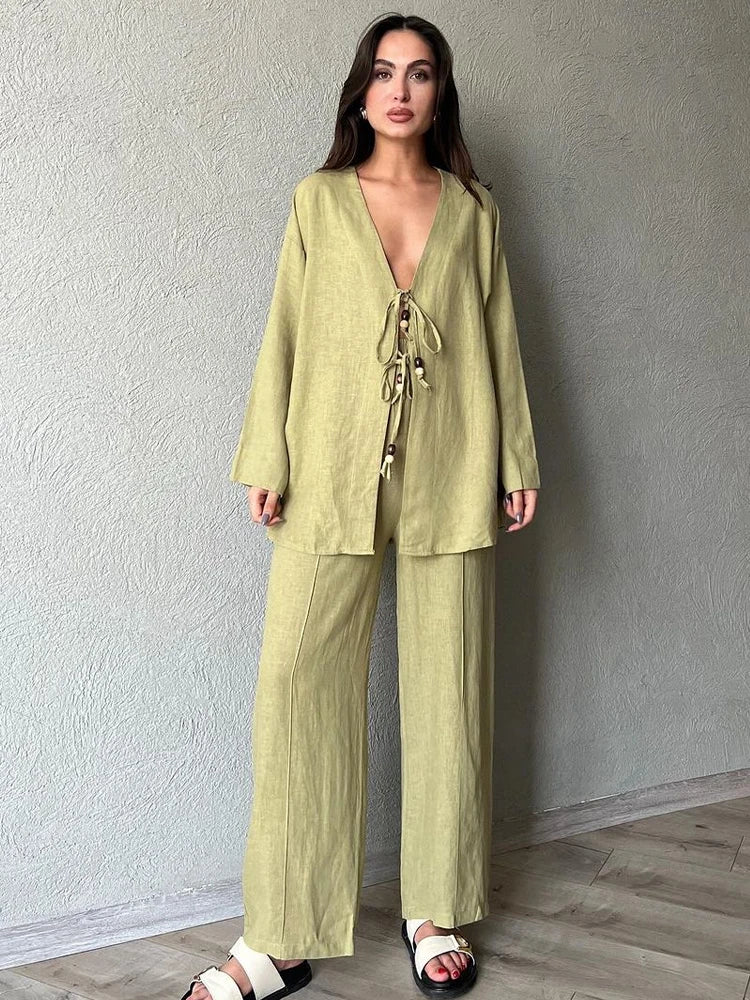 Fashion Cotton Linen Long Pants Set For Women Causal V Neck Beading Lace Up Shirts Solid Wide Leg Pant Suits Lady Street Outfits