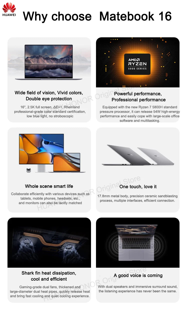 HUAWEI MateBook 16 Laptop AMD Ryzen R5-5600H/R7-5800H 16GB 512GB Notebook Radeon Graphics 16-inch 2.5K Eye Protection Computer