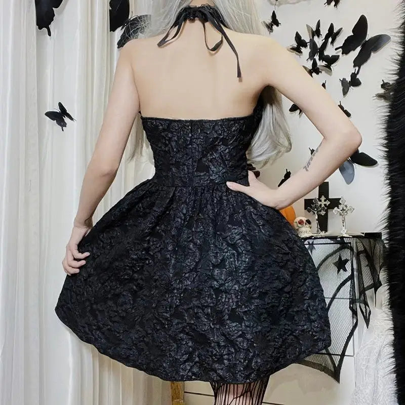 Mall Gothic Emo Jacquard A-line Dresses Goth dress Elegant Grunge Ruched Bandage Partywear Punk Black Women Halloween Club Dress