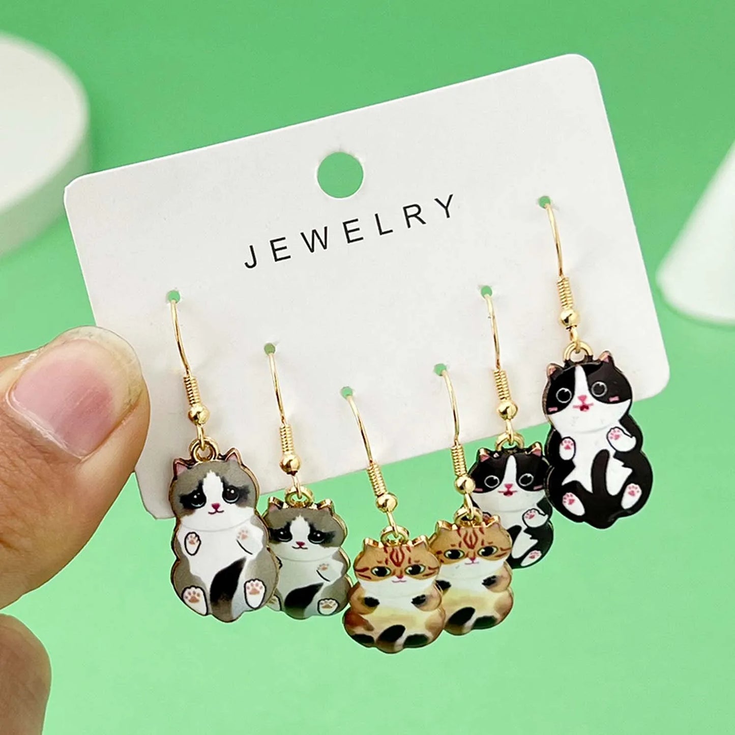 3 Pairs/Set Fashionable Enamel Cartoon Cute Cat Design Earrings, Jewelry Gifts For Women And Girls