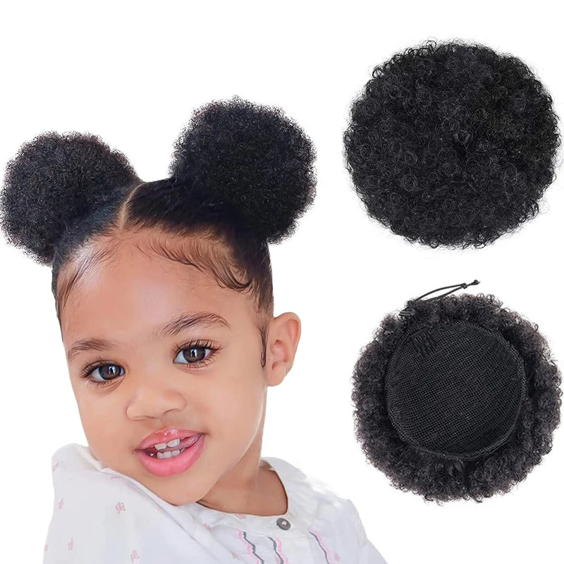 Kids Hair Puff Natural Black Synthetic Mini Afro Puff Drawstring Ponytail for Girls 2PC 4 Inch Kinky Curly Hair Updo Chignon