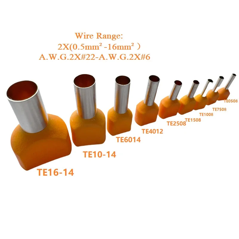 100PCS 2x(0.5mm²~16mm²) Dual Wires Copper Insulated Ferrules Cord End Crimp Terminal Electrical Cable Lug TE2508 AWG 2X(#22-#6)