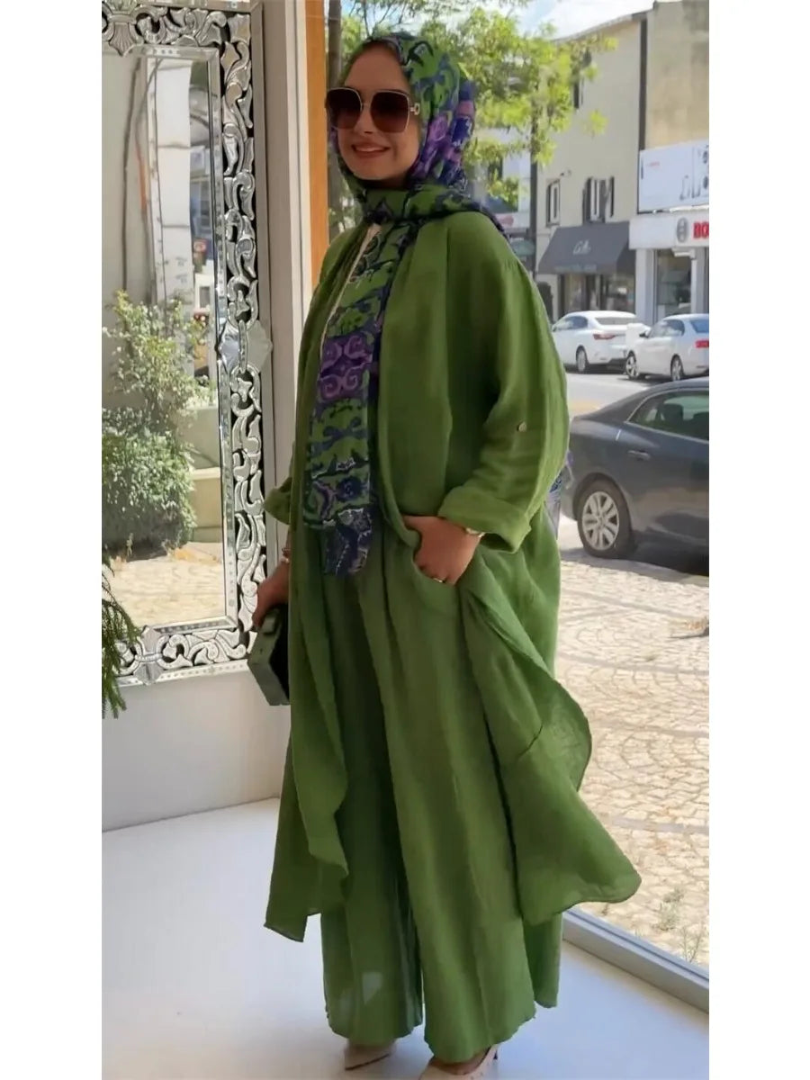 Eid Muslim Sets Women Cardigan Abaya with Pant Two Piece Set Abaya Long Shirt Wide Leg Pant Suits Ramadan Musulman Ensembles