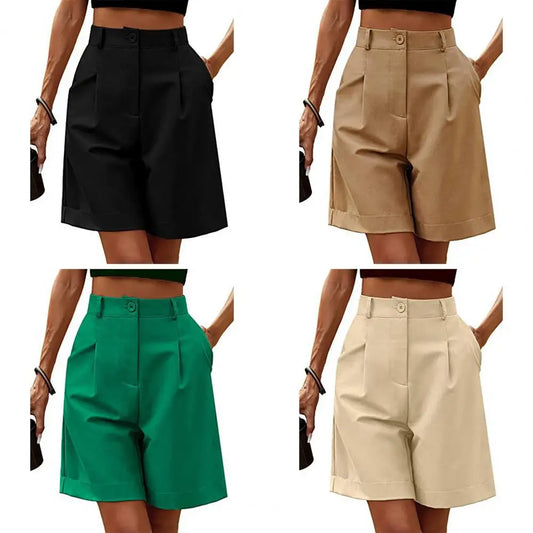 Women Suit Shorts Solid Color Loose Breathable Ladies Summer Suit Short Pants Trousers Women Wide Leg Shorts Womenswear