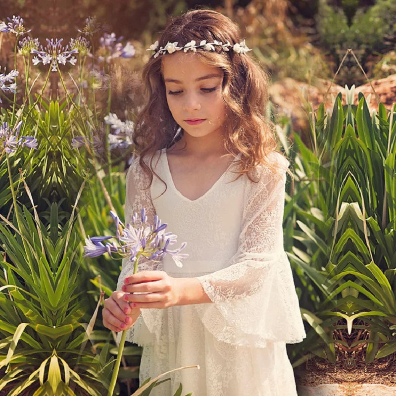 Princess Girls Lace Chiffon Long Dresses Kids Flower Girl Wedding Dress Summer Boho Birthday Party Wedding Dress For 2-14 Years