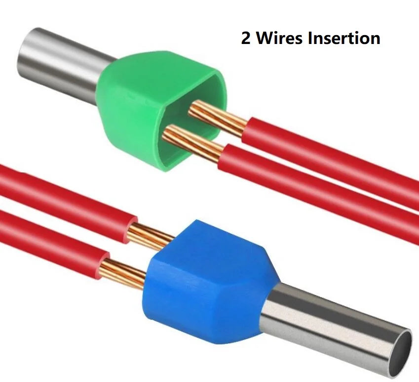 100PCS 2x(0.5mm²~16mm²) Dual Wires Copper Insulated Ferrules Cord End Crimp Terminal Electrical Cable Lug TE2508 AWG 2X(#22-#6)