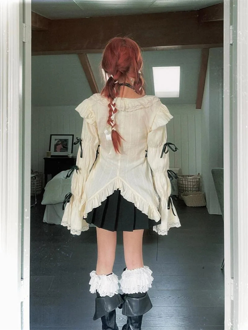 Japanese Gothic Harajuku Solid Sweet Bow Appliques Blouses Fashion V Neck Long Sleeve High Street Clothing Y2k Aesthetic Tee