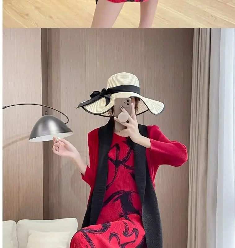 Folded Fake Two Piece Dress 2025 Spring Large Sleeves Round Neck Printed Mom's Dress  Y2k Dress