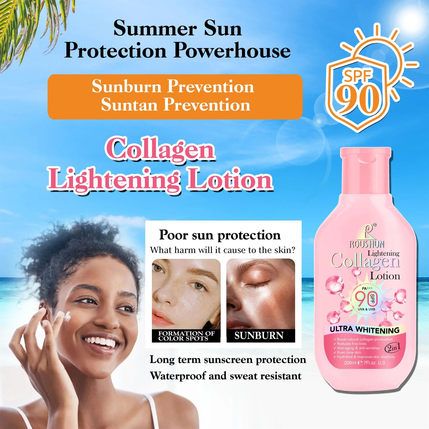 200ml Sunblock Lotion Sunscreen Collagen SPF90 UVA&UVB Ultra Whitening Reduce Fine Lines Even Tone Skin Improves Skin Elasticity