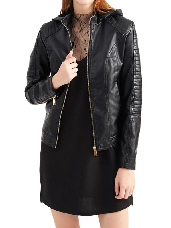 2023 Winter Women Fleece Warmer Hooded Jacket Autumn Casual  Faux Leather Zip-up Coat with Pockets Punk Hat Detachable Outwear