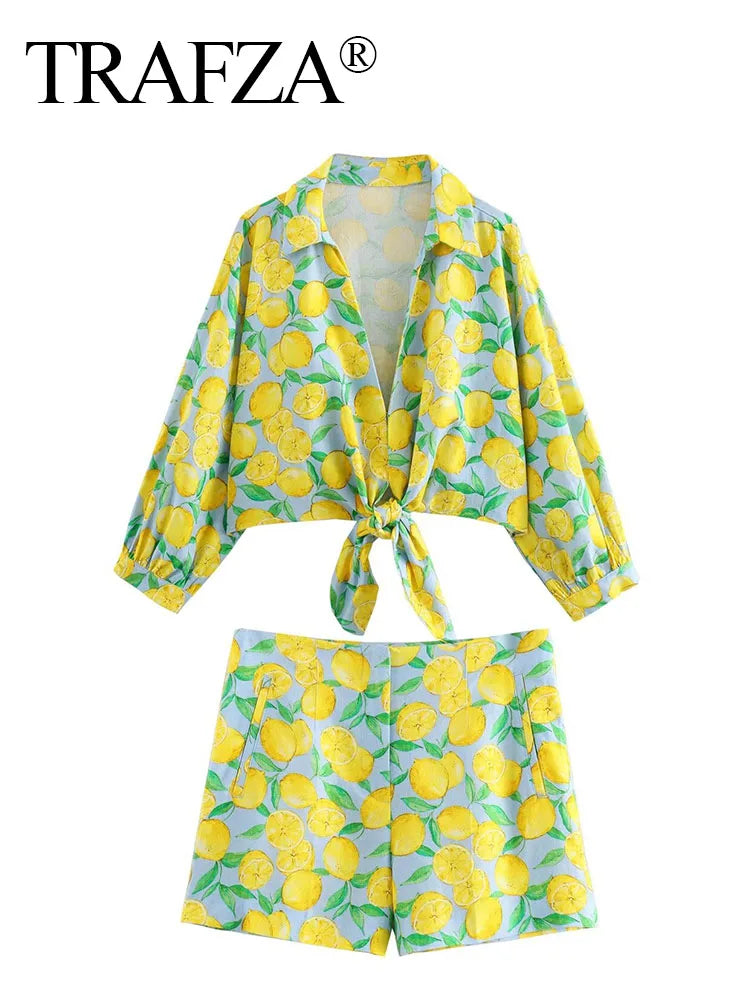 TRAFZA Women Shorts 2 Piece Set Fruit Print Lace Up Shirt Casual Beach Short Top+2024 High Waist Zipper Side Pockets Shorts TRAF