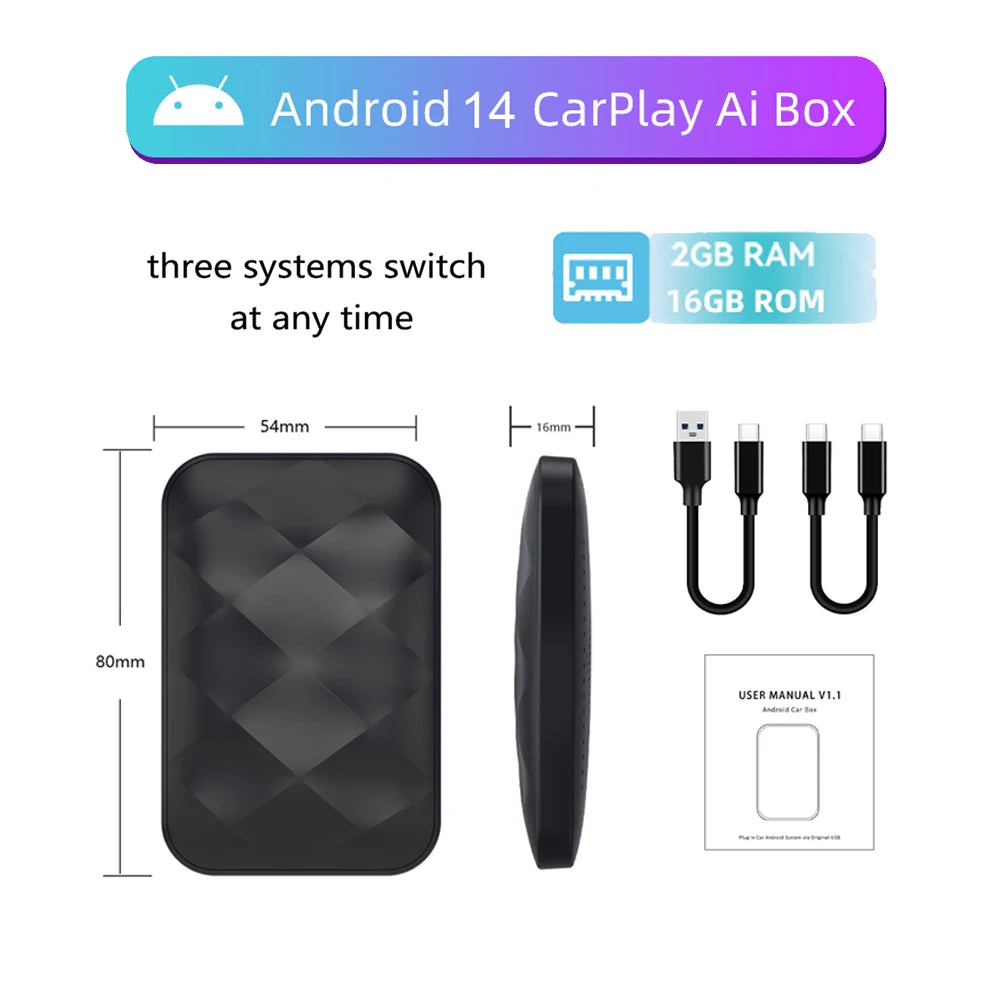 New 2025 Android 14 3In1 CarPlay Ai Box Wireless Android Auto USB Adapter For Youtube Netflix Universal TV Box Plug And Play