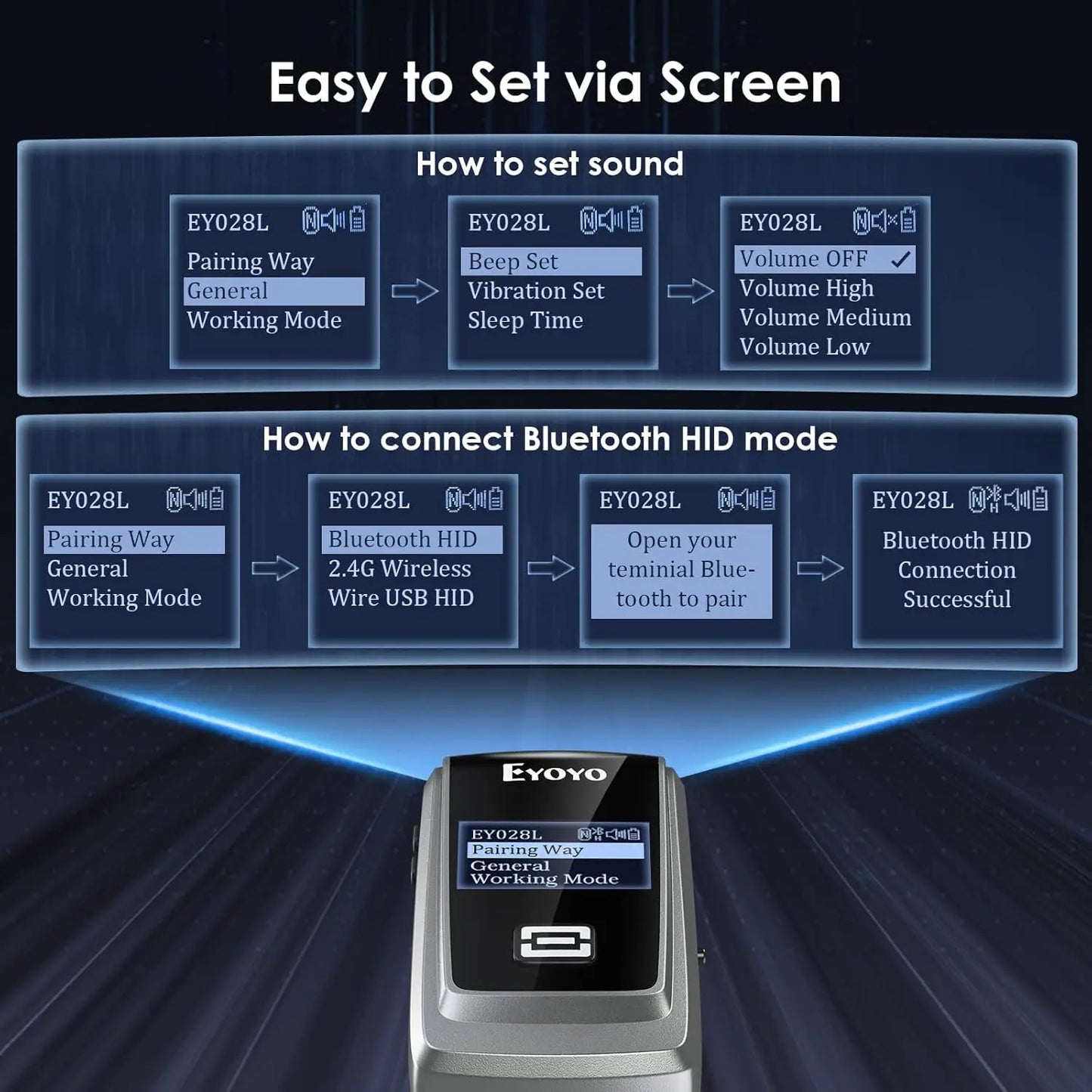 EYOYO 028 Bluetooth Barcode Scanner 2D With LED Display Wireless QR Bar Code Reader for IOS Android Windows Mobile Payment