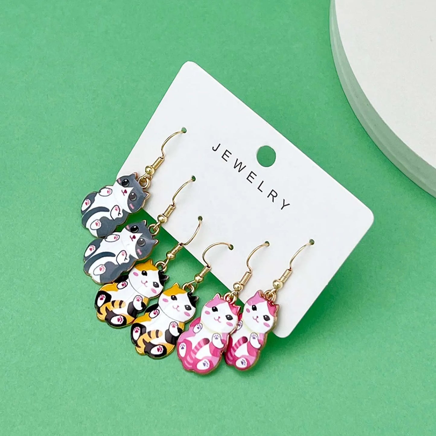 3 Pairs/Set Fashionable Enamel Cartoon Cute Cat Design Earrings, Jewelry Gifts For Women And Girls