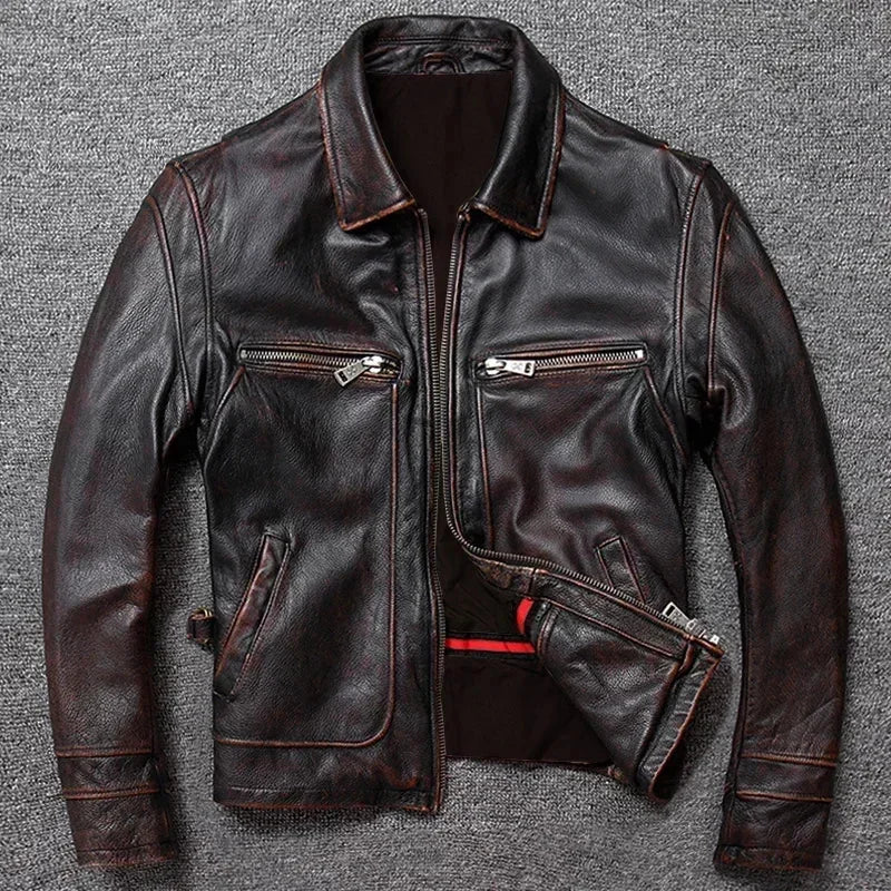 Classic Men Cowhide Coat Natural 's Genuine Leather Jacket Vintage Style Real Clothes Clothing Calf Skin
