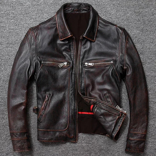 Classic Men Cowhide Coat Natural 's Genuine Leather Jacket Vintage Style Real Clothes Clothing Calf Skin