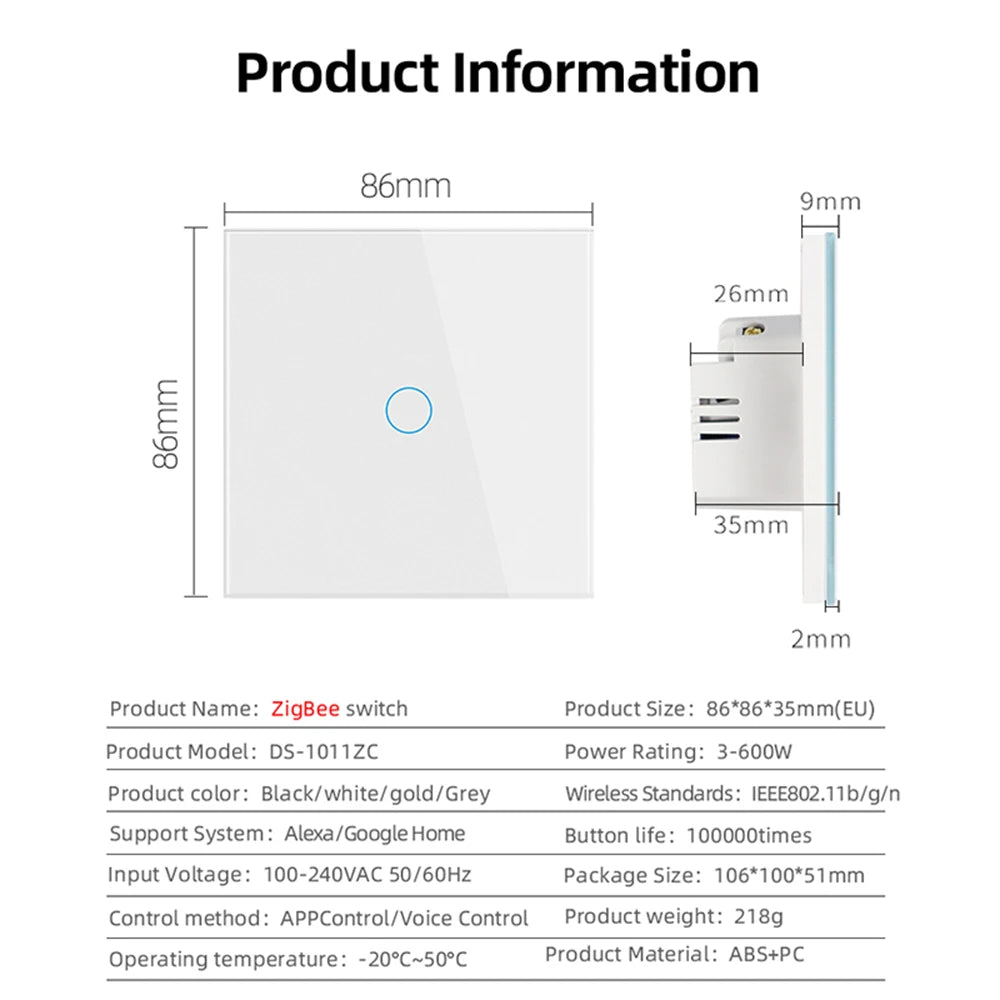 ZigBeeTuya Smart Light Touch Switch EU No Neutral Wire No Capacitor Required Smart Life 1/2/3 Gang Work with Alexa Google Home
