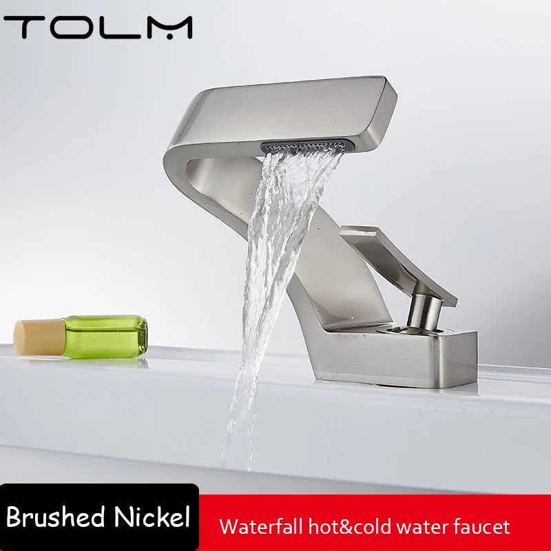 TOLM Chrome White Basin Faucet Deck Mounted Waterfall Bathroom Vessel Sink Mixer Tap Single Handle Hot Cold Water Tap