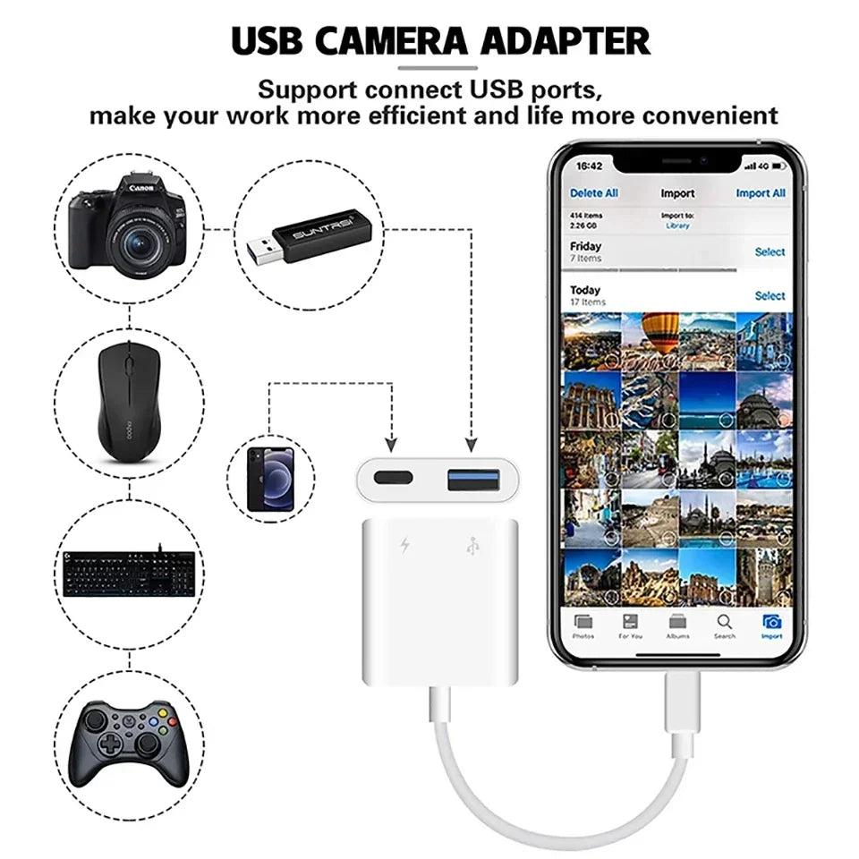 OTG Adapter For iPhone 16 15 14 13 12 Pro Max XR 8 Plus 8 Pin To USB Cable 3.0 Converter For Mouse Keyboard Camera Card Reader