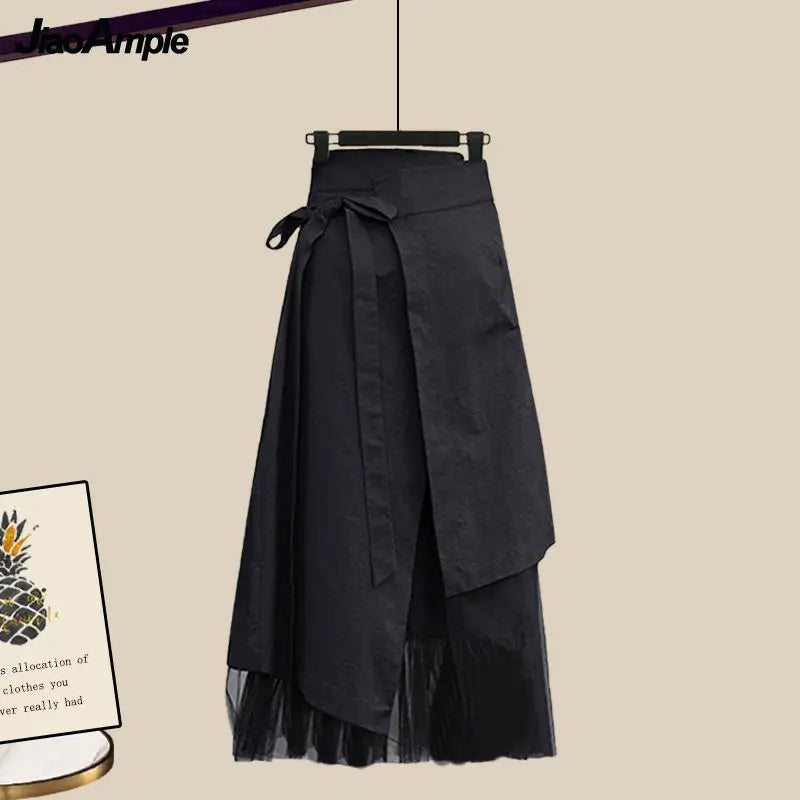 Women's Spring Autumn New Fashion Fake Two Piece Knit Sweater+Strap A-line Skirt Suit Korean Elegant Pullover Dress Matching Set