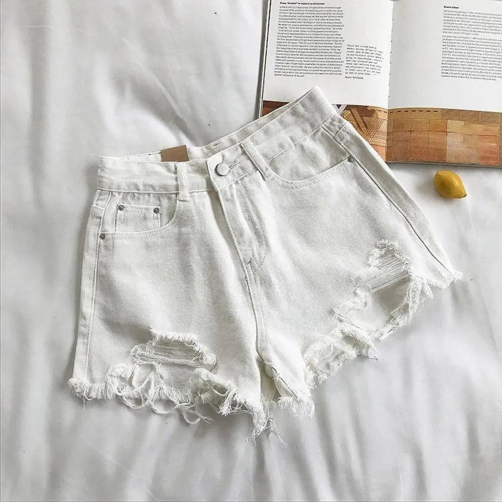 Lady Mini Pants Retro High Waist Denim Shorts for Women A-line Solid Color Ripped Button Zipper Closure Slim Fit for Summer