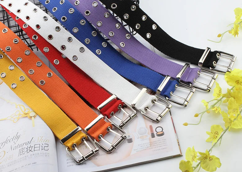 Double Grommet Hole Buckle Belt Wide Canvas Web Belt Female Male Black Red White Waist Strap Belts for Women Men Jeans