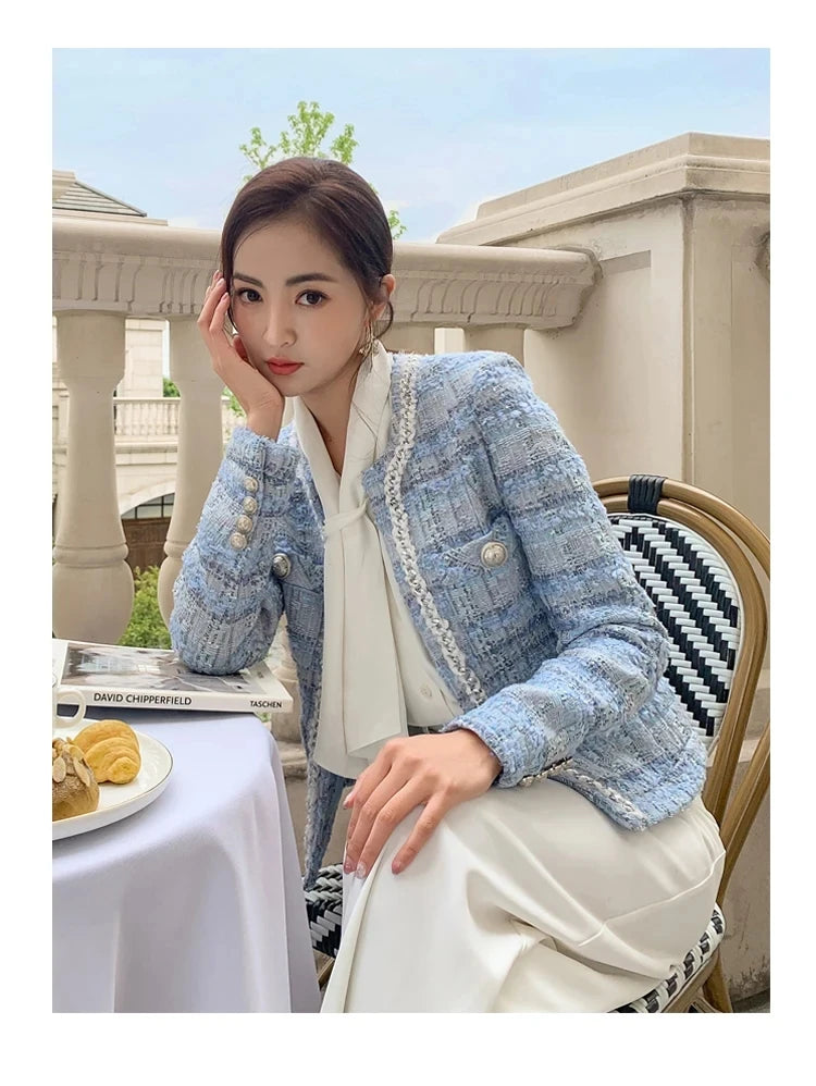 Women' Small fragrance Temperament plaid Coat 2024 Autumn New lady style long-sleeved tassel tweed coat high-end Ladies Jacket
