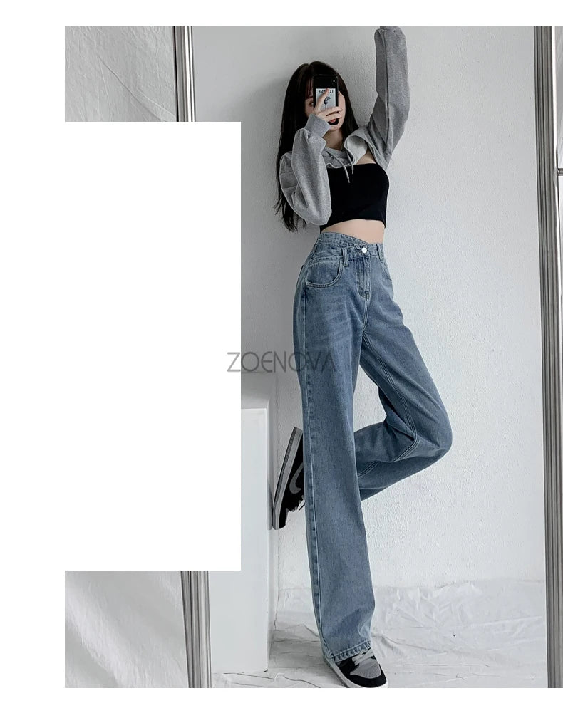 ZOENOVA Y2K 2023 Women Clothing Cross Waist Straight Wide Leg Pants Chic Korean Casual Commuting Style Baggy Streetwear Jeans
