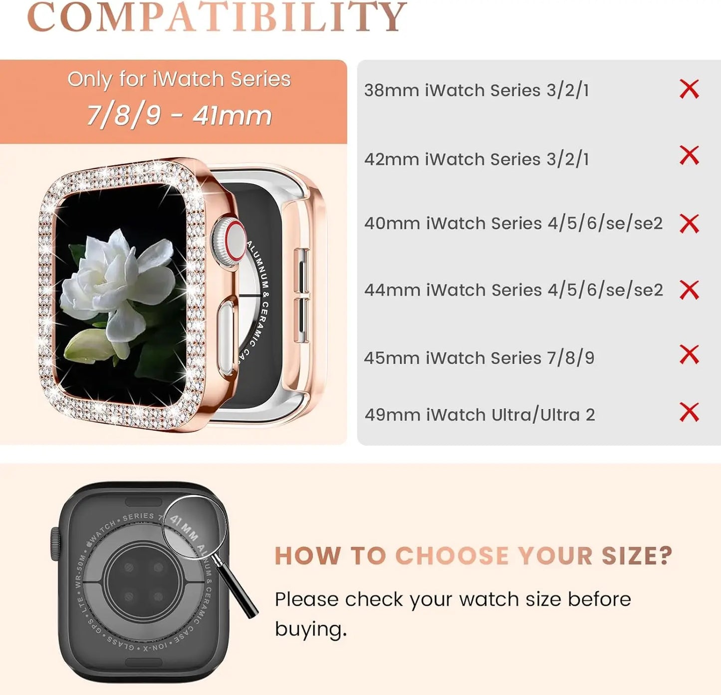 Bling Case for Apple Watch Series 9 8 7 6 5 4 3 2 1 SE(No Screen), Women Glitter Rhinestone Protector Frame.